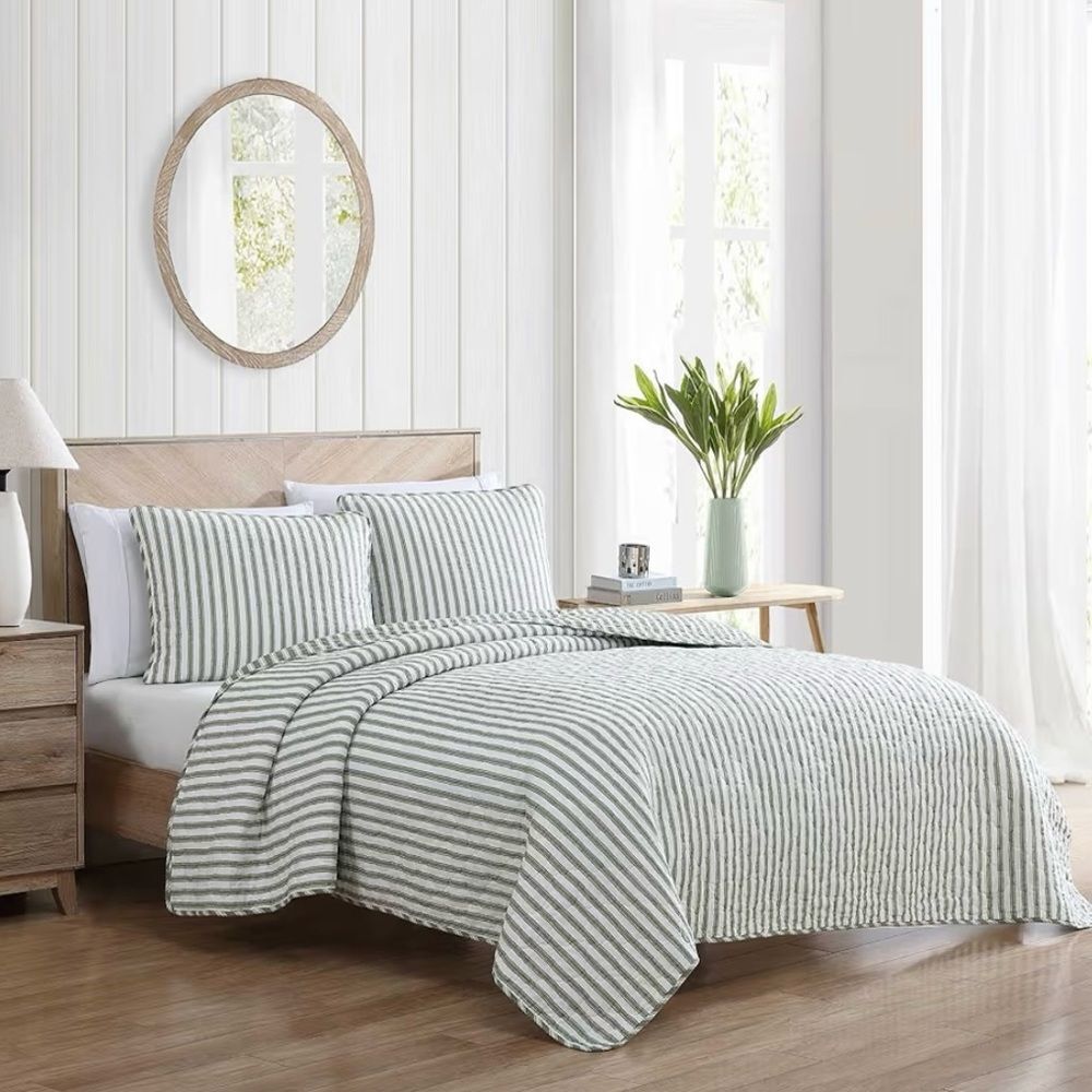 Stone Cottage - Full/Queen Cotton Quilt Set Green White Willow Stripes NWT